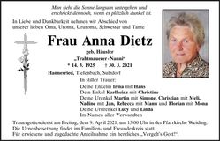 Traueranzeige Anna Dietz