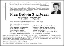 Traueranzeige Hedwig Stiglbauer