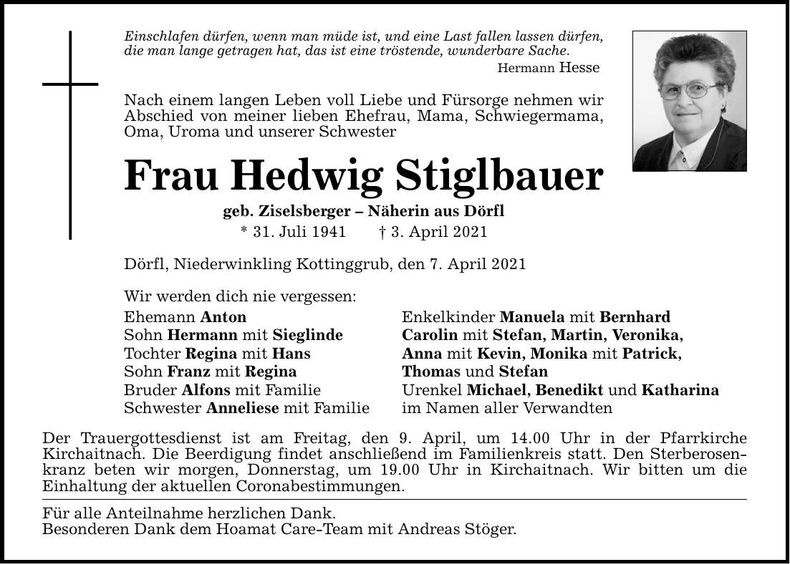 Traueranzeige Hedwig Stiglbauer