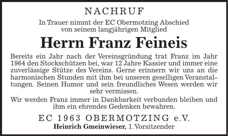 Traueranzeige Franz Feineis