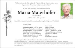 Traueranzeige Maria Maierhofer