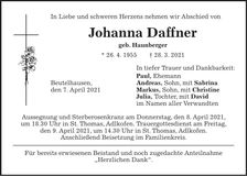 Traueranzeige Johanna Daffner