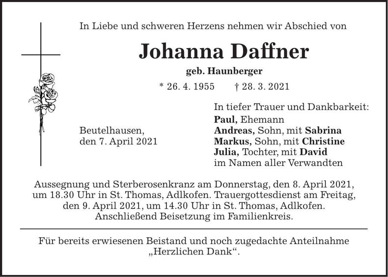 Traueranzeige Johanna Daffner