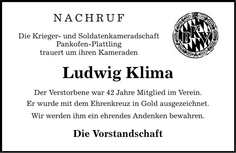 Traueranzeige Ludwig Klima