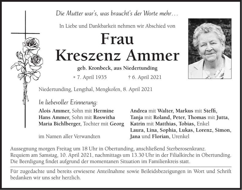 Traueranzeige Kreszenz Ammer