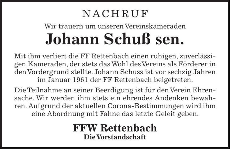 Traueranzeige Johann Schuß