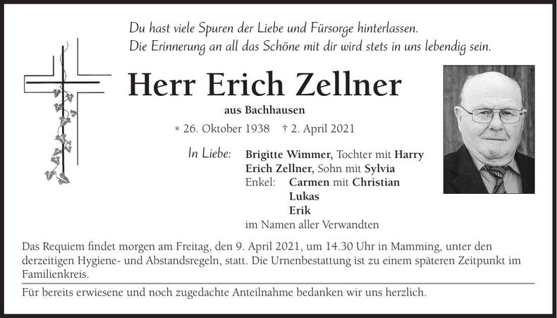 Traueranzeige Erich Zellner