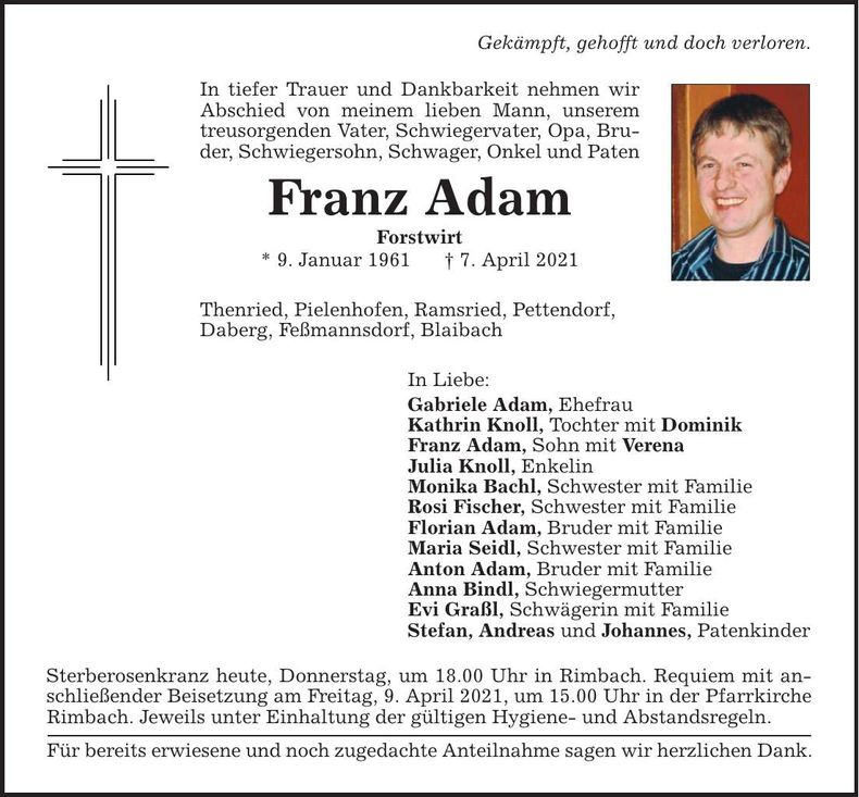 Traueranzeige Franz Adam