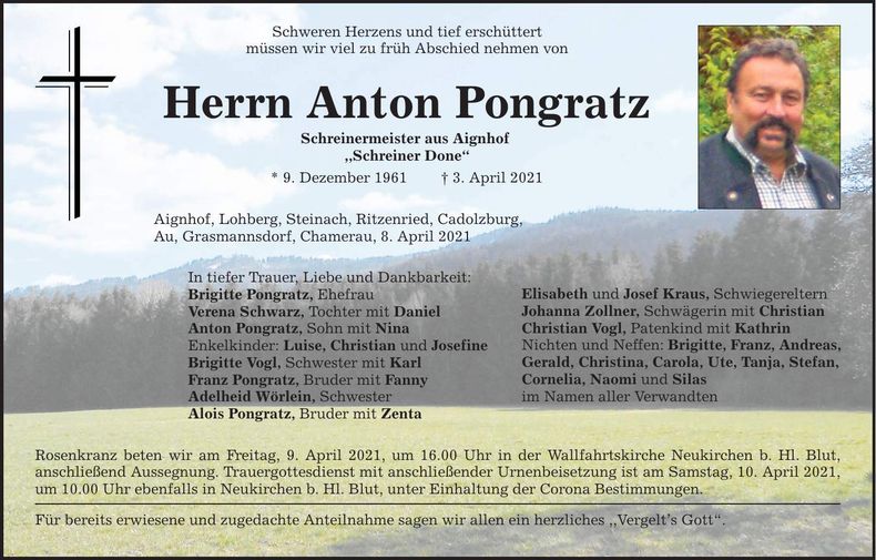 Traueranzeige Anton Pongratz