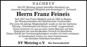 Traueranzeige Franz Feines