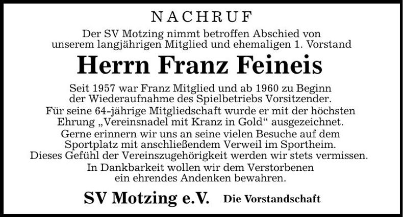 Traueranzeige Franz Feines