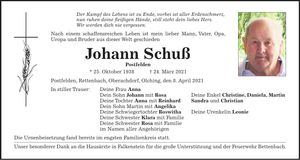 Traueranzeige Johann Schuss