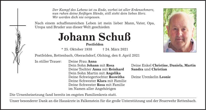 Traueranzeige Johann Schuss