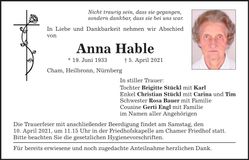 Traueranzeige Anna Hable