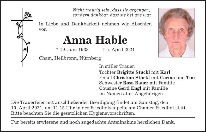 Traueranzeige Anna Hable