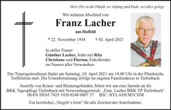 Traueranzeige Franz Lacher