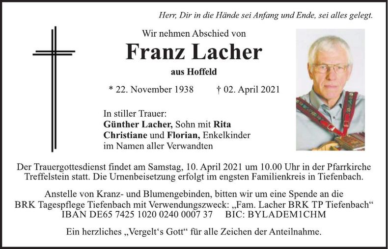 Traueranzeige Franz Lacher