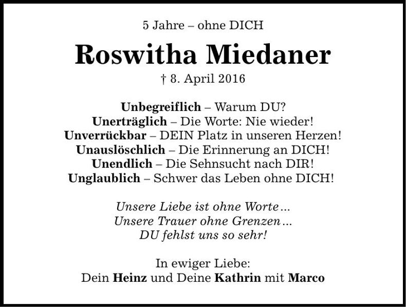 Traueranzeige Roswitha Miedaner