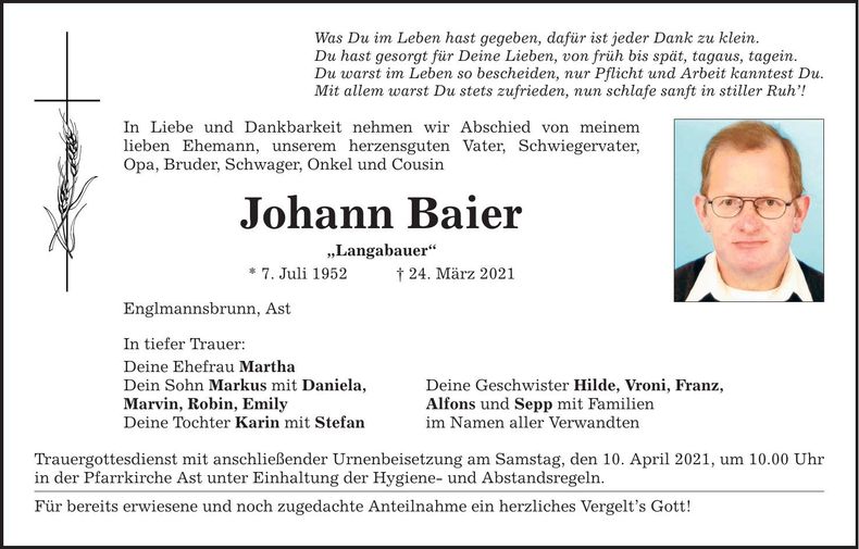 Traueranzeige Johann Baier