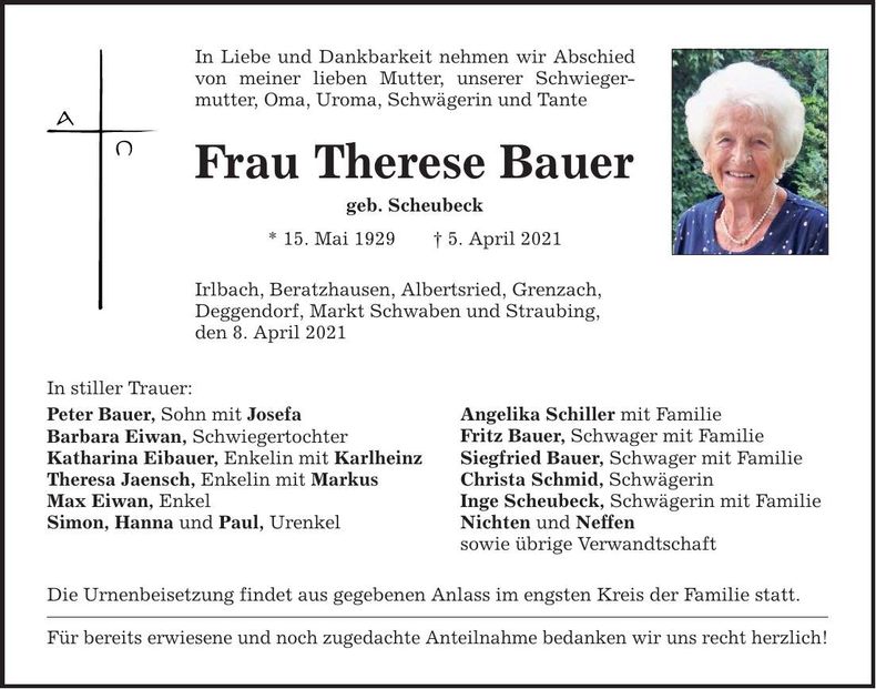 Traueranzeige Therese Bauer