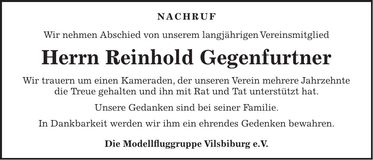 Traueranzeige Reinhold Gegenfurtner