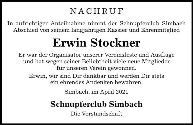 Traueranzeige Erwin Stockner