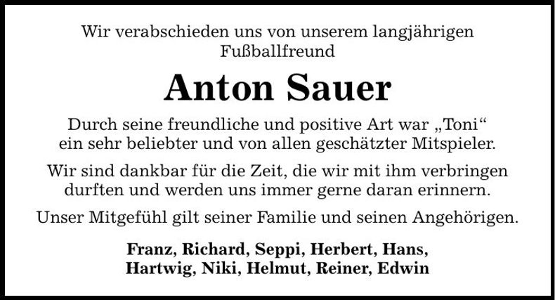 Traueranzeige Anton Sauer