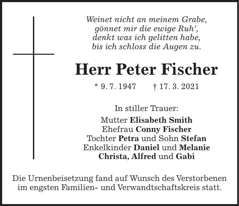 Traueranzeige Peter Fischer