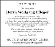 Traueranzeige Wolfgang Pfleger