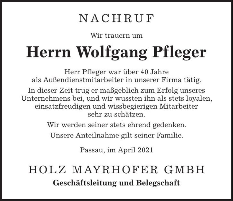 Traueranzeige Wolfgang Pfleger