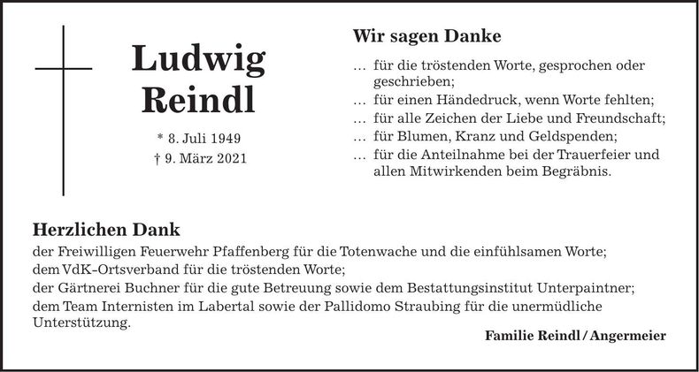 Traueranzeige Ludwig Reindl