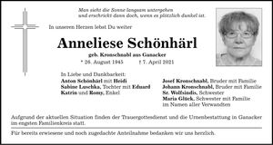 Traueranzeige Anneliese Schönhärl