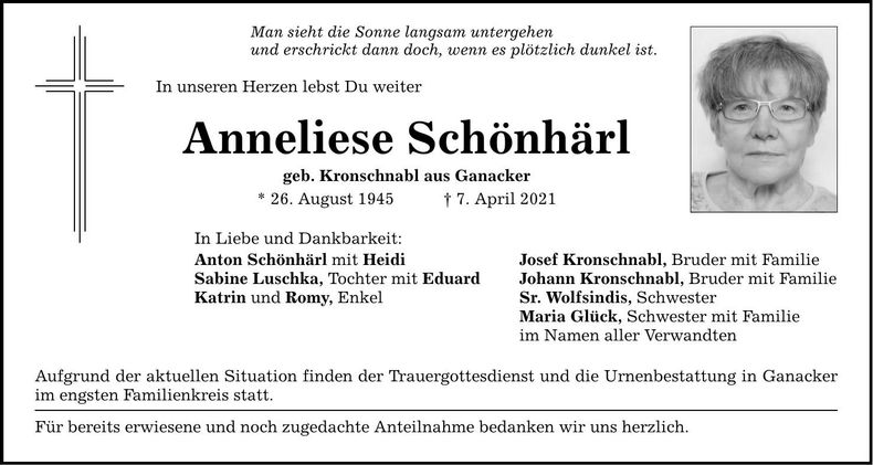 Traueranzeige Anneliese Schönhärl