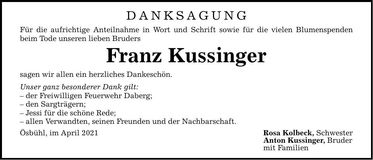 Traueranzeige Franz Kussinger
