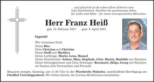 Traueranzeige Franz Heiß