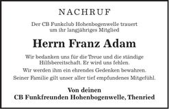 Traueranzeige Franz Adam