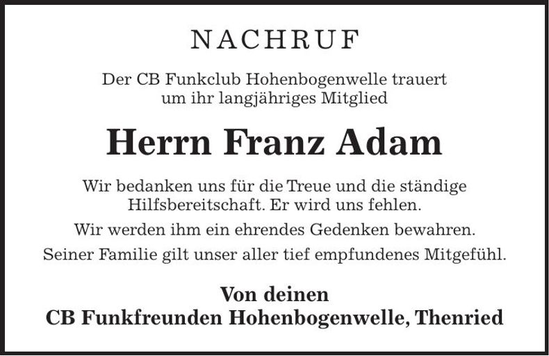 Traueranzeige Franz Adam