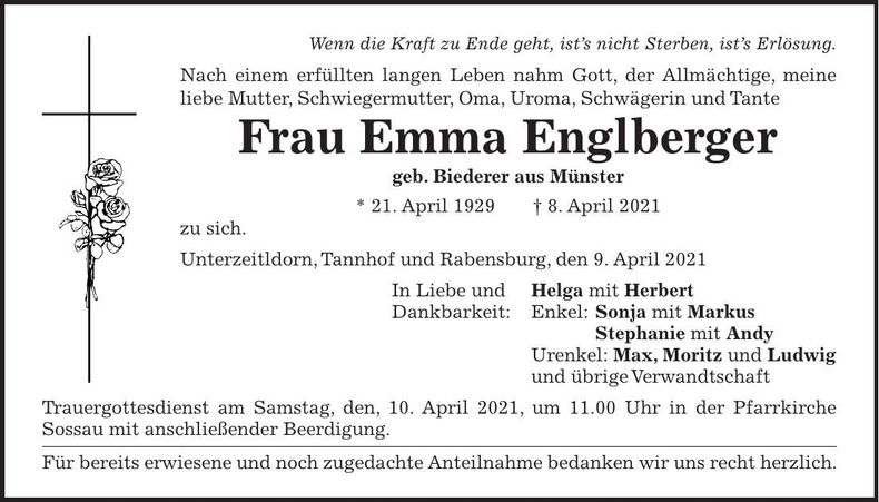 Traueranzeige Emma Englberger