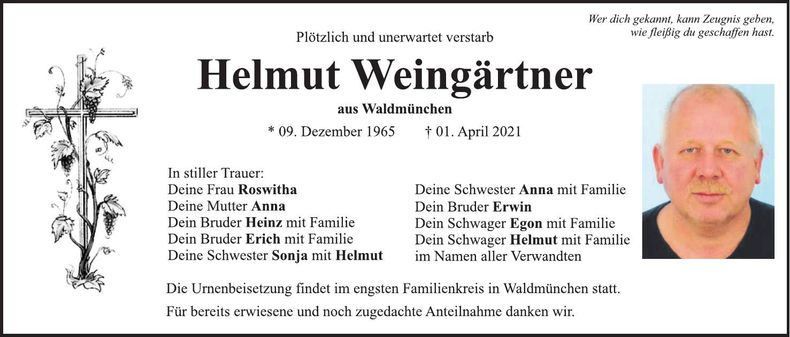 Traueranzeige Helmut Weingärtner
