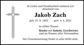Traueranzeige Jakof Zach