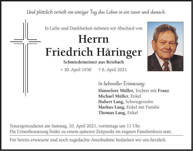 Traueranzeige Friedrich Häringer