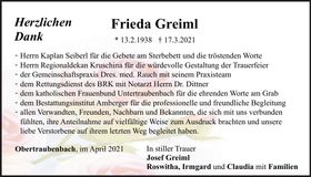 Traueranzeige Frieda Greiml