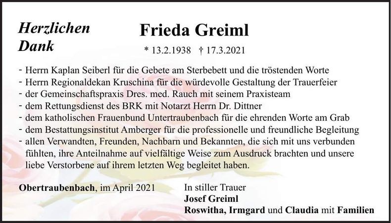 Traueranzeige Frieda Greiml