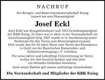 Traueranzeige Josef Eckl