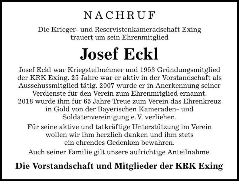 Traueranzeige Josef Eckl