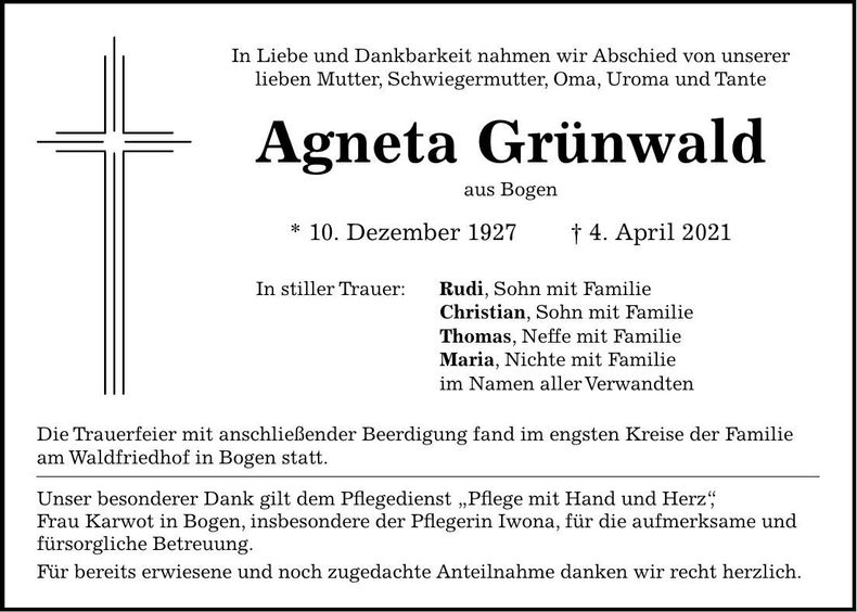 Traueranzeige Agneta Grünwald