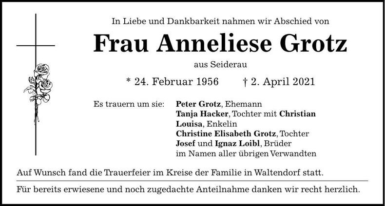 Traueranzeige Anneliese Grotz