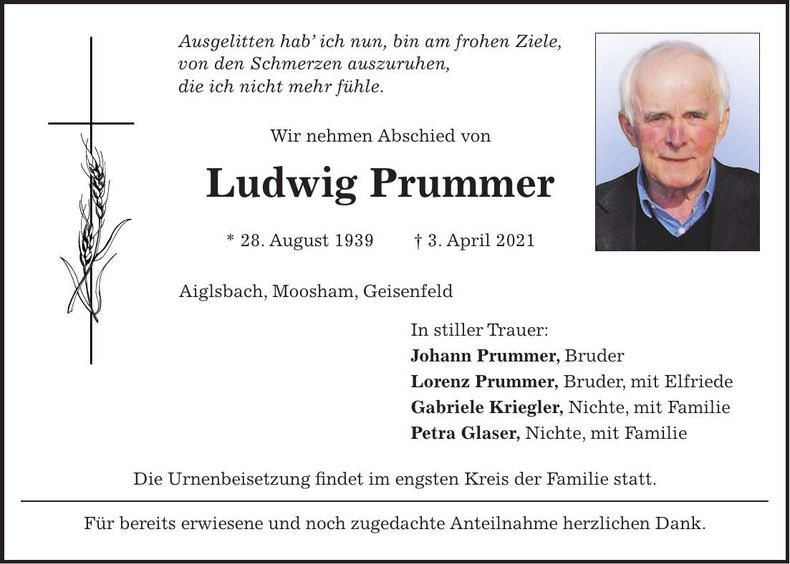 Traueranzeige Ludwig Prummer