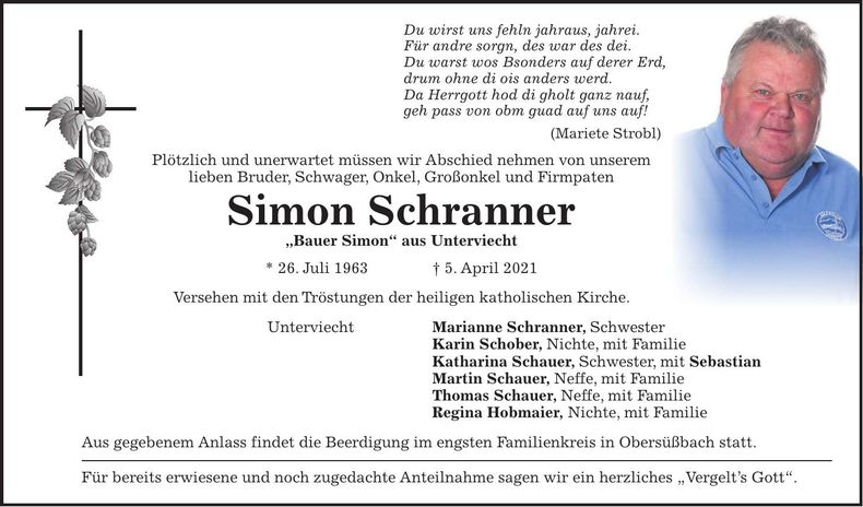 Traueranzeige Simon Schranner