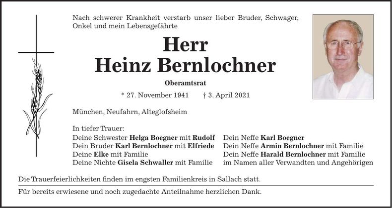 Traueranzeige Heinz Bernlochner